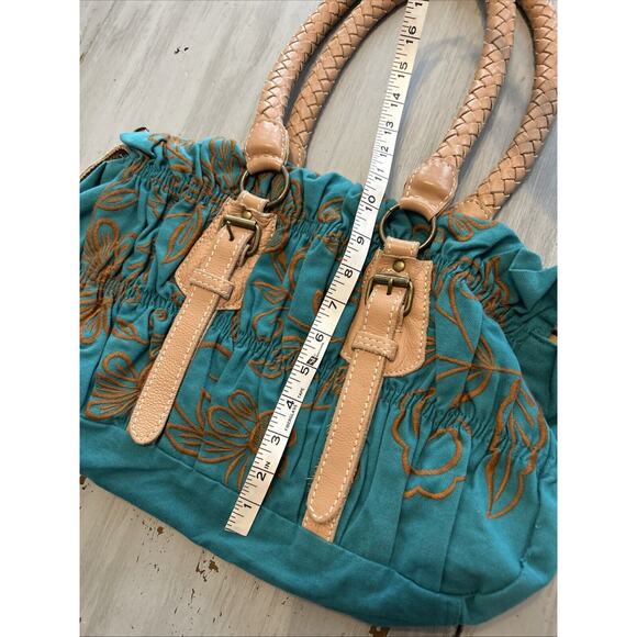 Nest Teal Blue Tan Brown Embroidered Shoulder Bag Purse Leather Woven Strap Boho - Picture 5 of 12